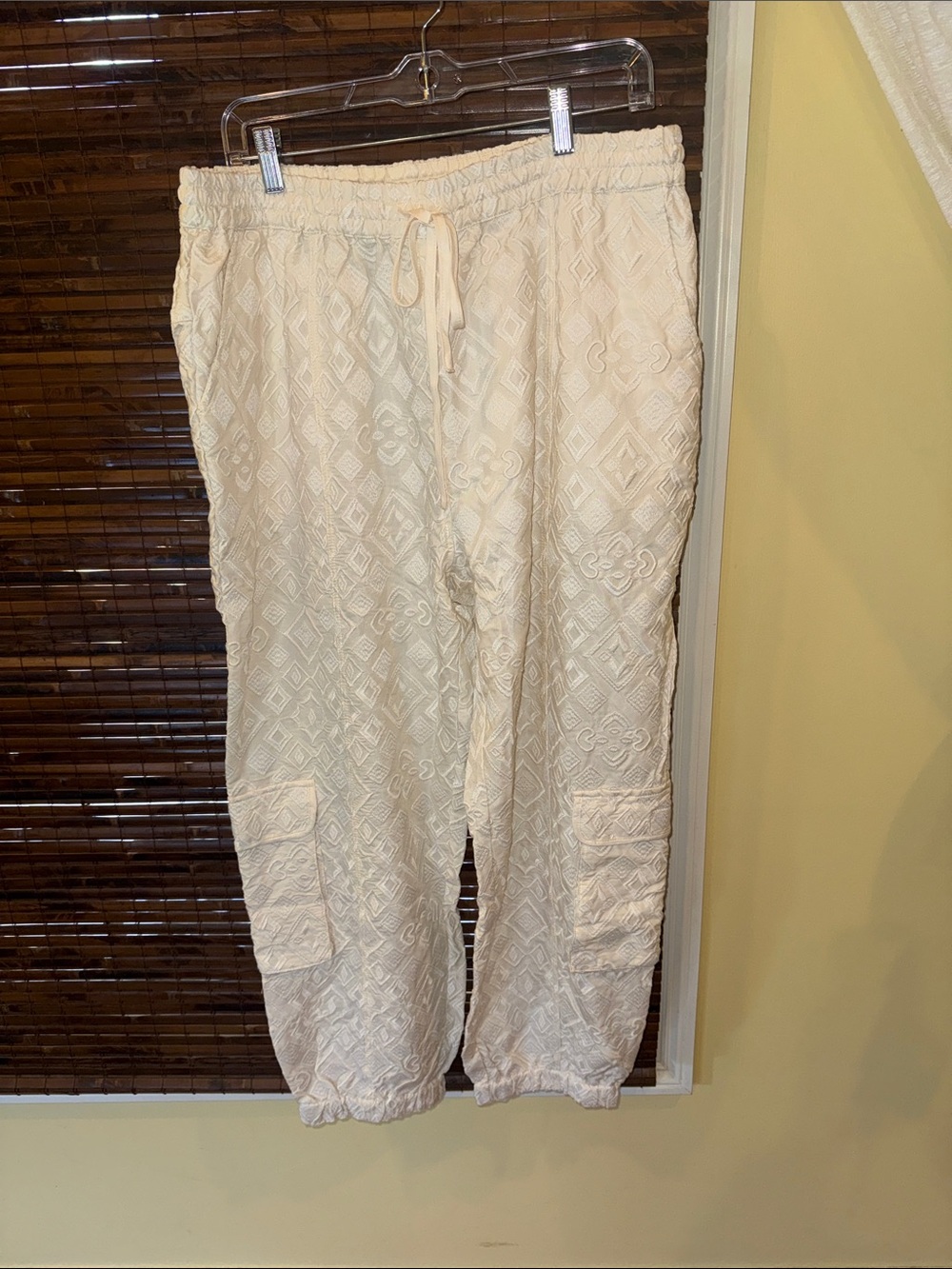 Cream Textured Cargo Joggers with Elastic Waist
